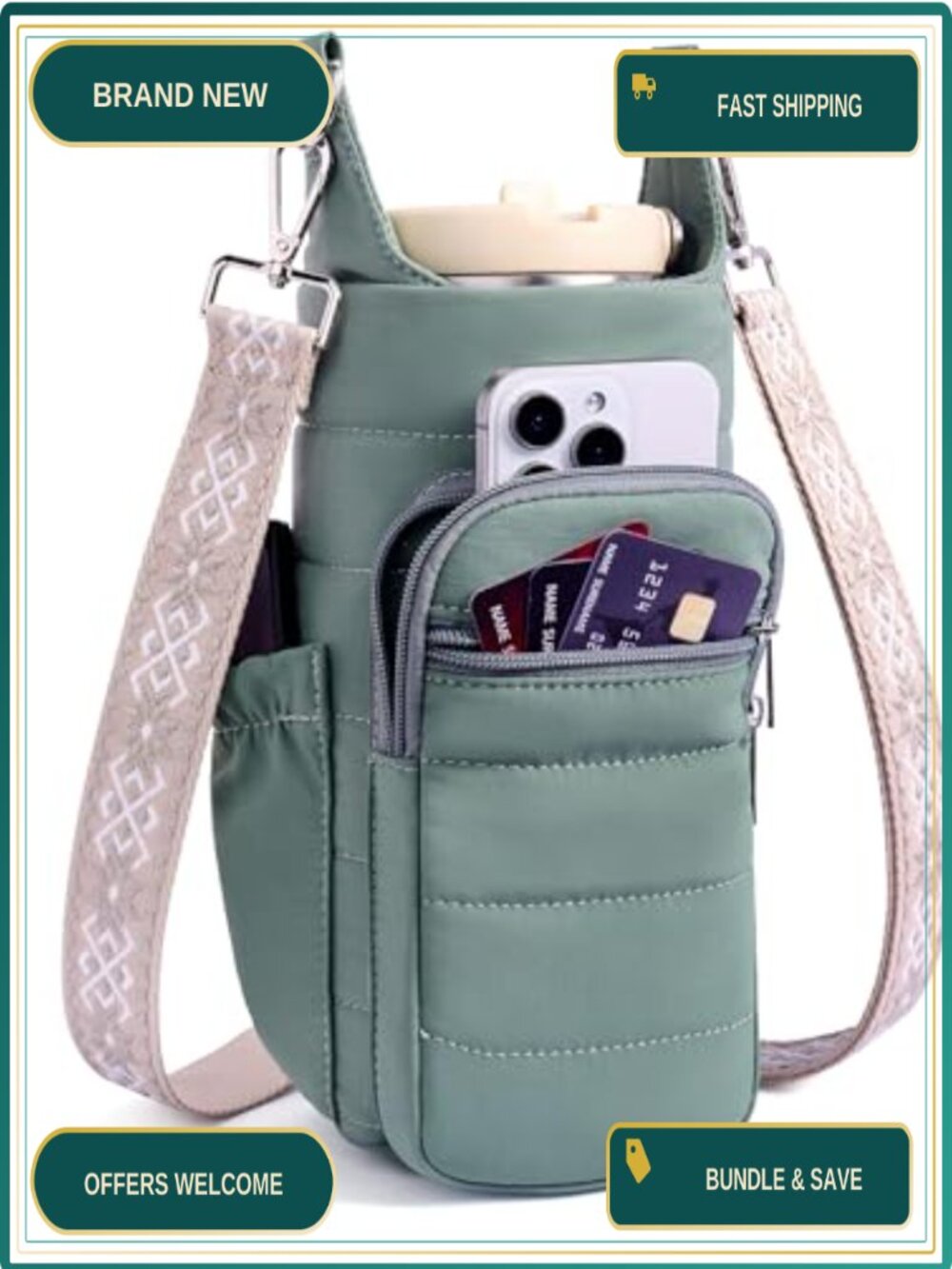 Insulated Water Bottle Carrier Crossbody Bag Fits 20-40 oz Adjustable Strap